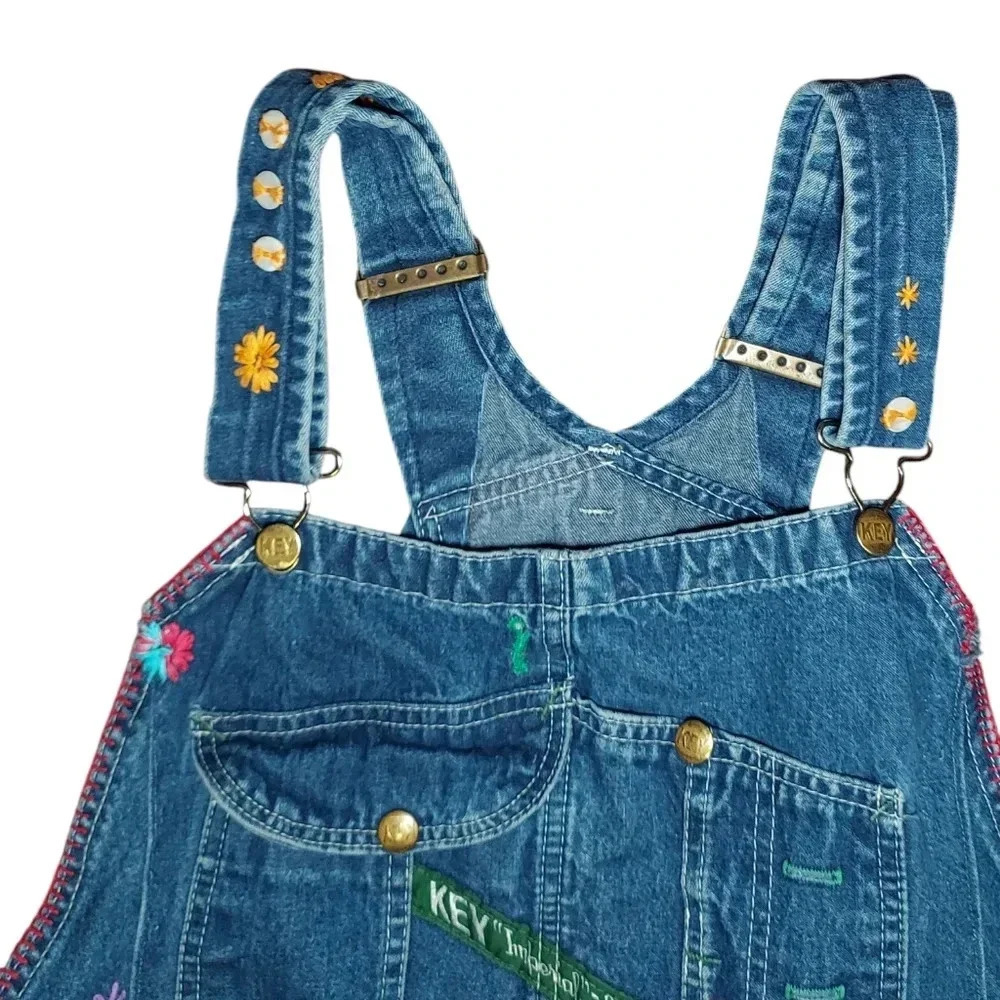 Boho Hippie Vintage Key Denim Floral Embroidered Crochet Over-Alls Maxi Dress